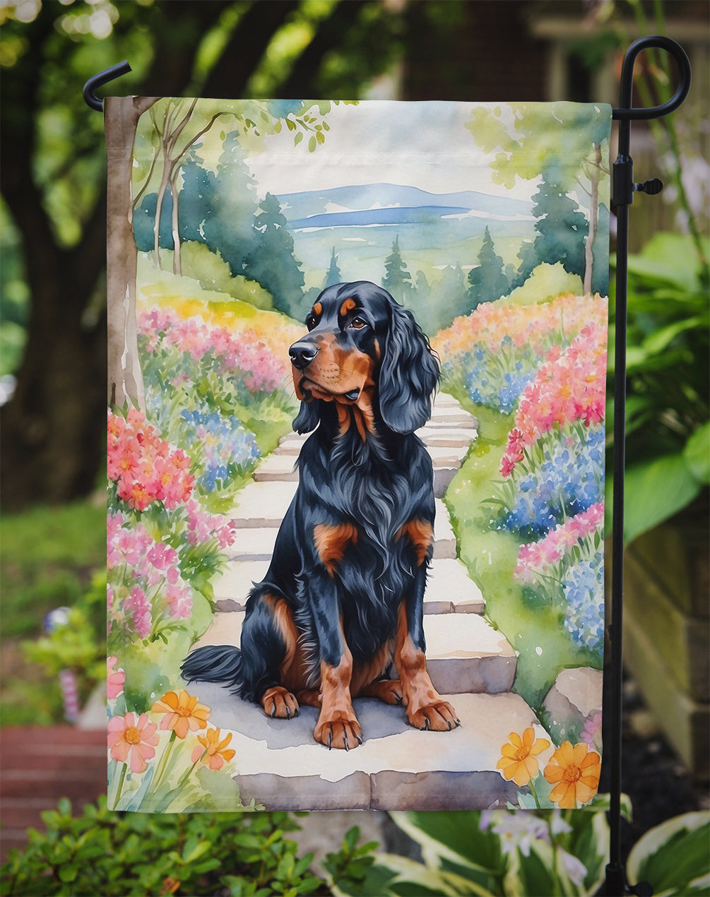 Gordon Setter Spring Path Garden Flag  – Dog-Themed Floral Outdoor Decor