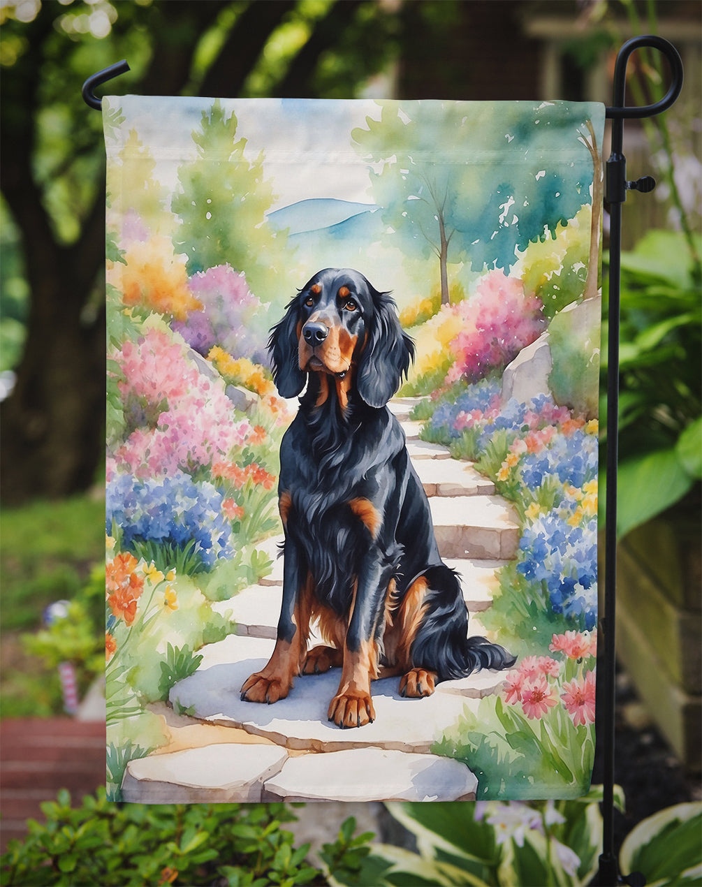 Gordon Setter Spring Path Garden Flag  – Dog-Themed Floral Outdoor Decor