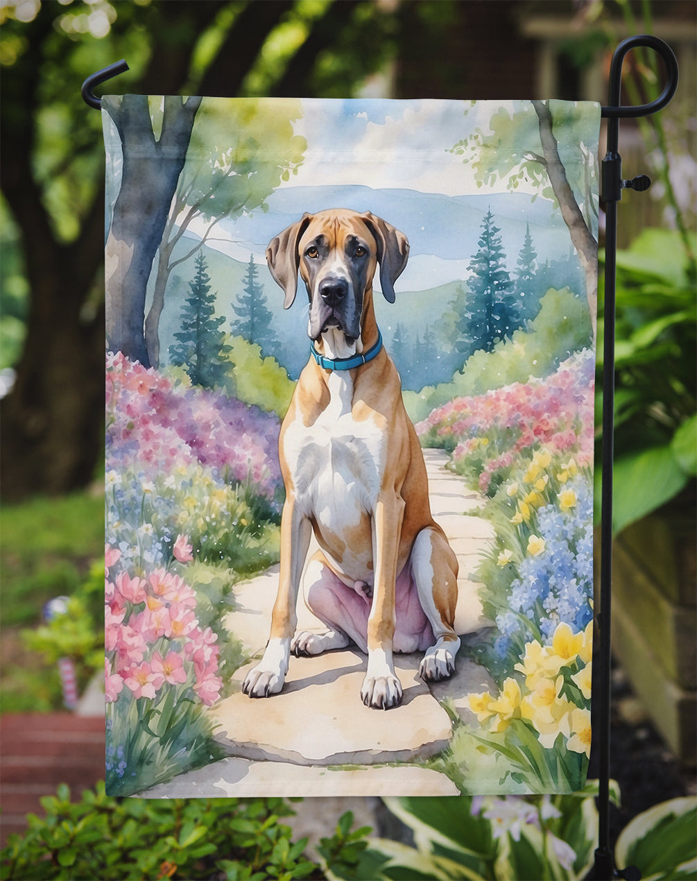 Great Dane Spring Path Garden Flag  – Dog-Themed Floral Outdoor Decor