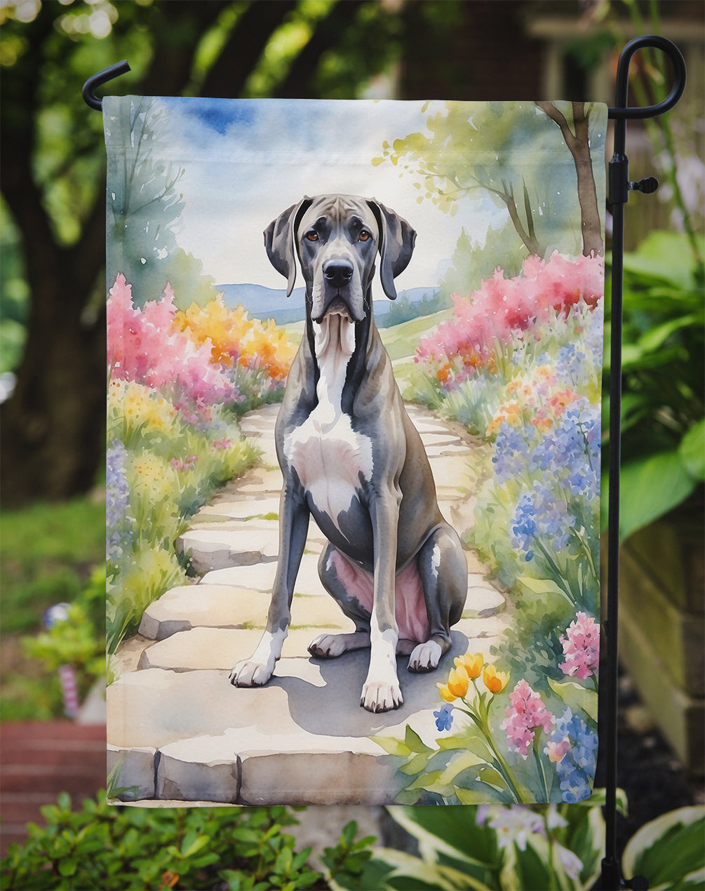 Great Dane Spring Path Garden Flag  – Dog-Themed Floral Outdoor Decor