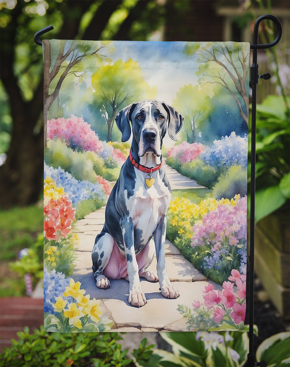 Great Dane Spring Path Garden Flag  – Dog-Themed Floral Outdoor Decor