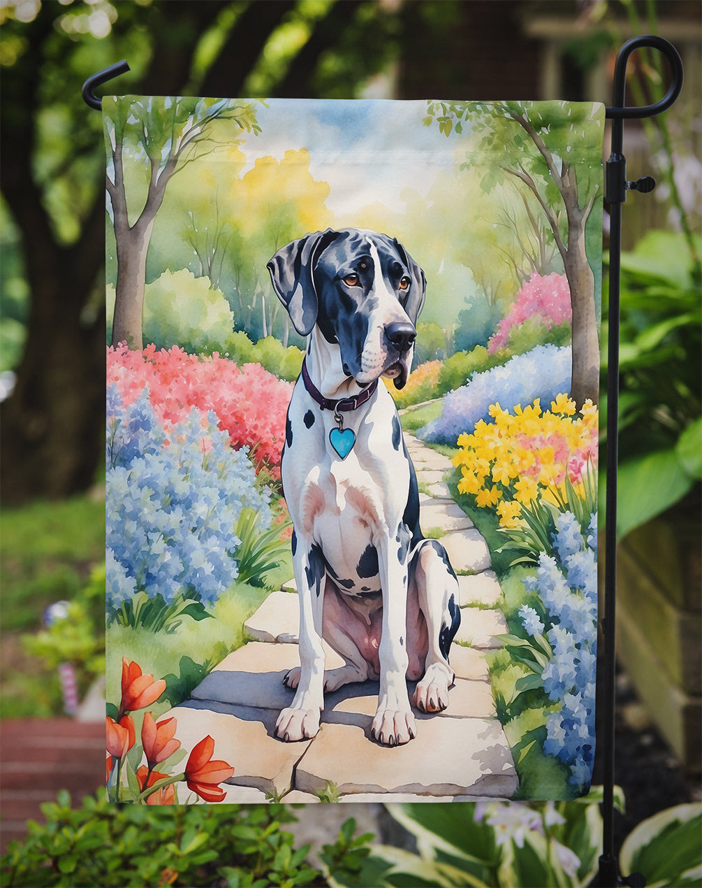 Great Dane Spring Path Garden Flag  – Dog-Themed Floral Outdoor Decor