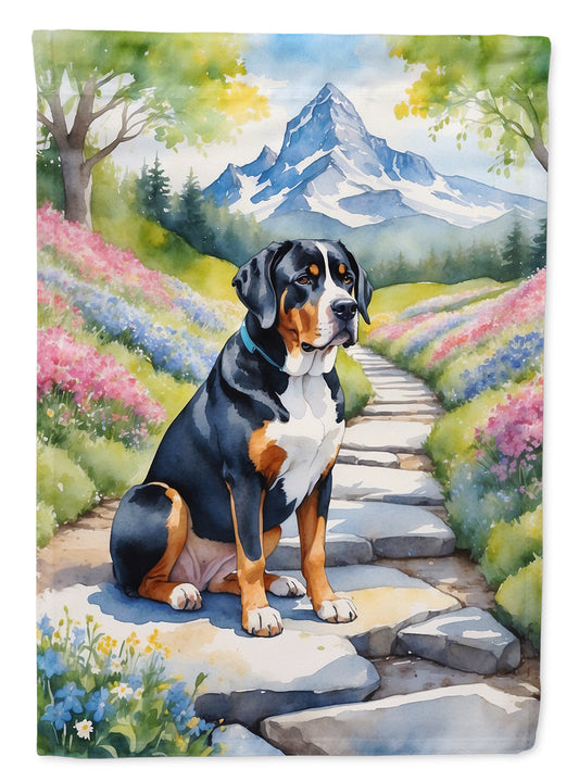 Greater Swiss Mountain Dog Spring Path Garden Flag  – Dog-Themed Floral Outdoor Decor