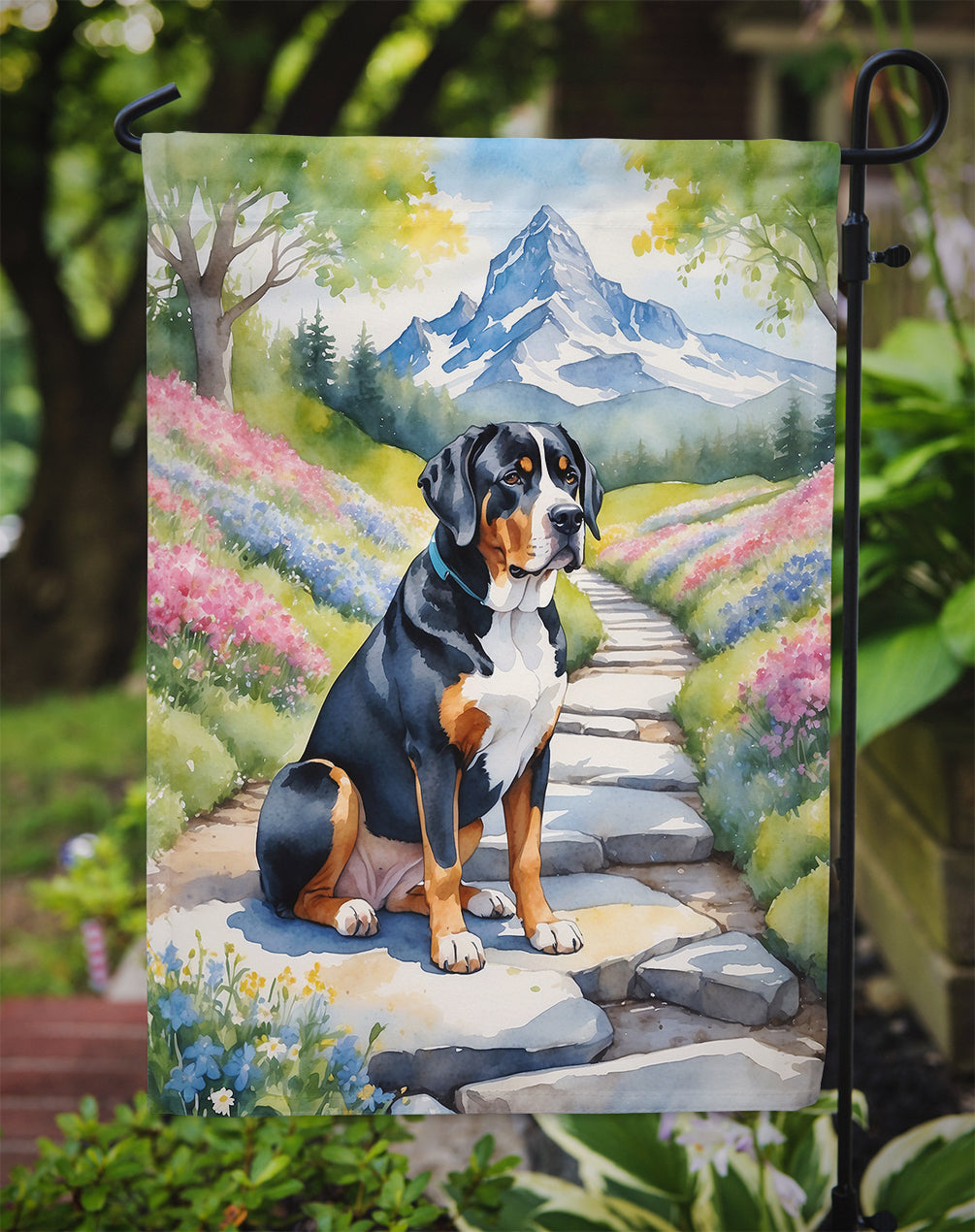 Greater Swiss Mountain Dog Spring Path Garden Flag  – Dog-Themed Floral Outdoor Decor