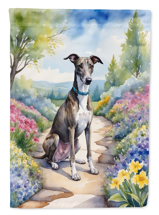 Greyhound Spring Path Garden Flag  – Dog-Themed Floral Outdoor Decor