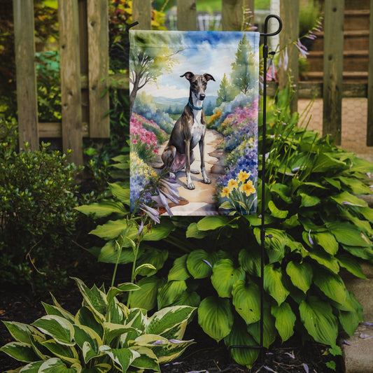 Greyhound Spring Path Garden Flag  – Dog-Themed Floral Outdoor Decor