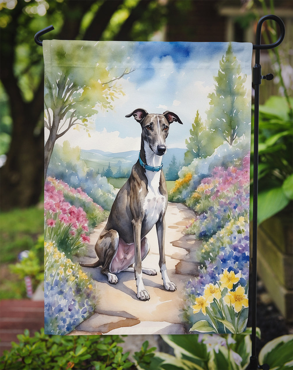 Greyhound Spring Path Garden Flag  – Dog-Themed Floral Outdoor Decor