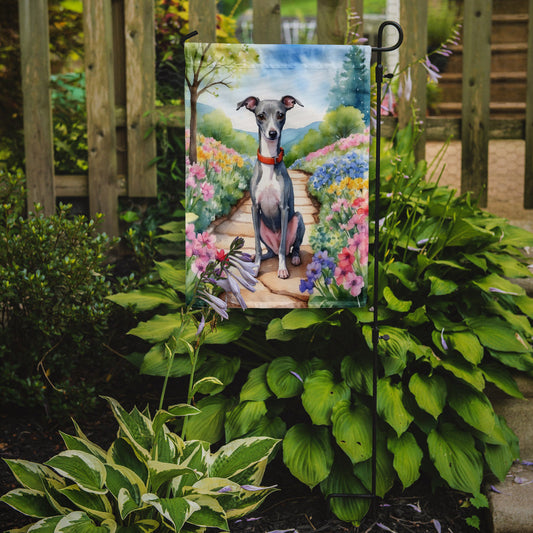 Italian Greyhound Spring Path Garden Flag  – Dog-Themed Floral Outdoor Decor