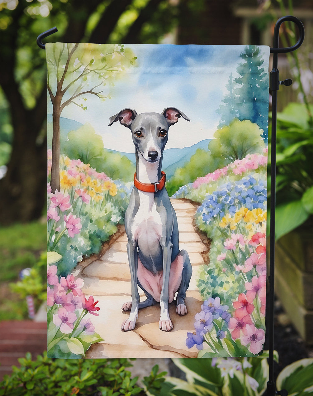Italian Greyhound Spring Path Garden Flag  – Dog-Themed Floral Outdoor Decor