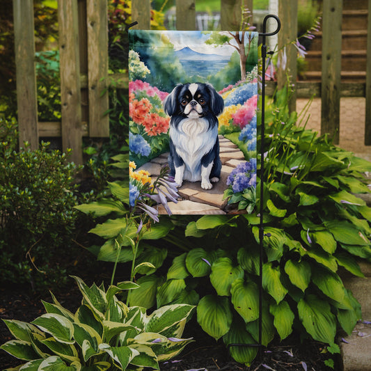 Japanese Chin Spring Path Garden Flag  – Dog-Themed Floral Outdoor Decor