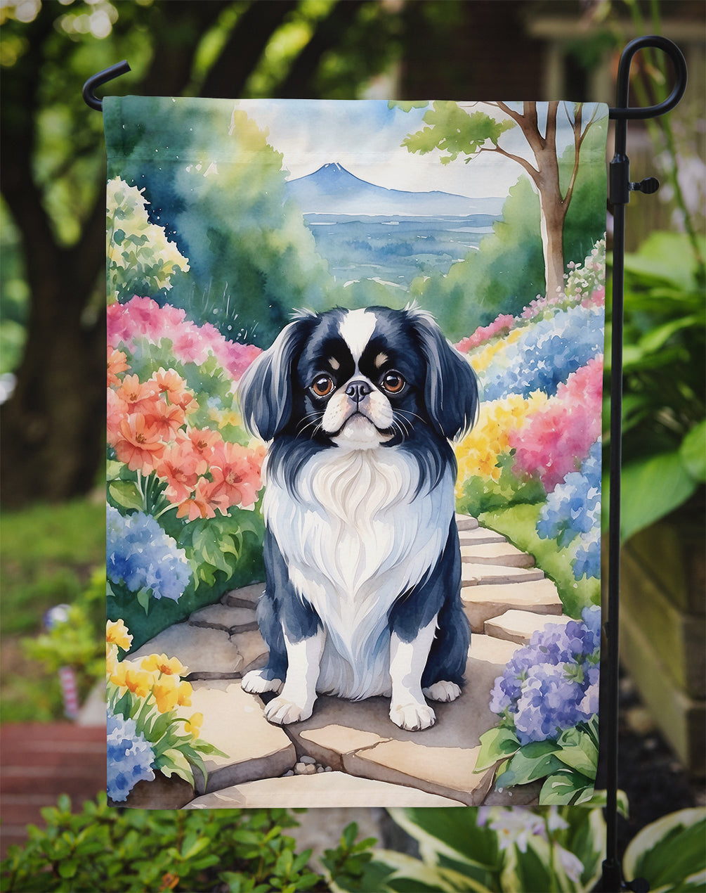 Japanese Chin Spring Path Garden Flag  – Dog-Themed Floral Outdoor Decor
