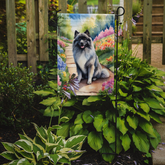 Keeshond Spring Path Garden Flag  – Dog-Themed Floral Outdoor Decor