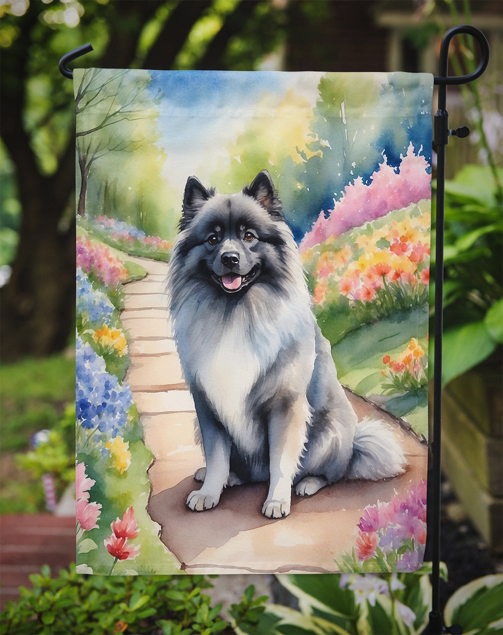 Keeshond Spring Path Garden Flag  – Dog-Themed Floral Outdoor Decor