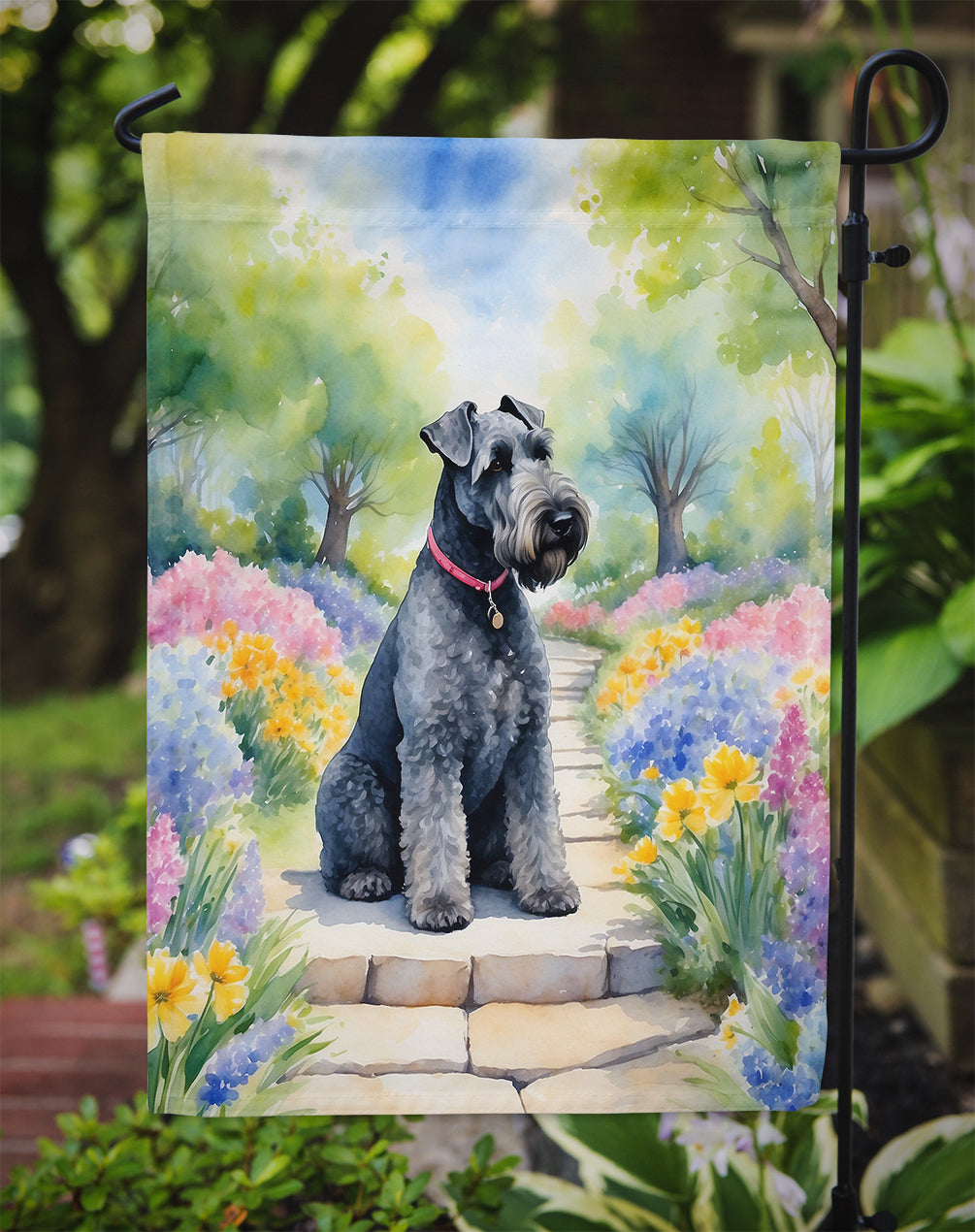Kerry Blue Terrier Spring Path Garden Flag  – Dog-Themed Floral Outdoor Decor