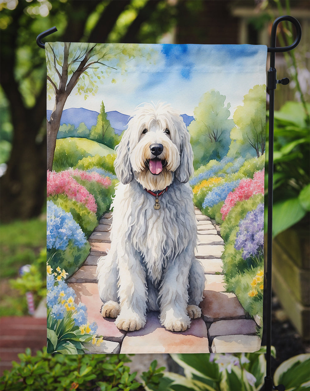 Komondor Spring Path Garden Flag  – Dog-Themed Floral Outdoor Decor