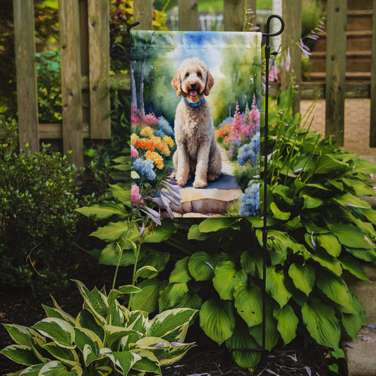Labradoodle Spring Path Garden Flag  – Dog-Themed Floral Outdoor Decor