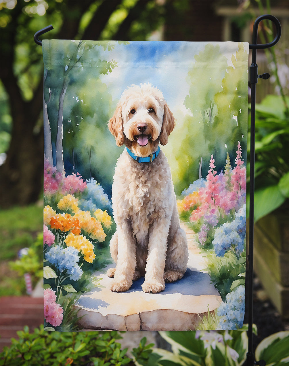 Labradoodle Spring Path Garden Flag  – Dog-Themed Floral Outdoor Decor