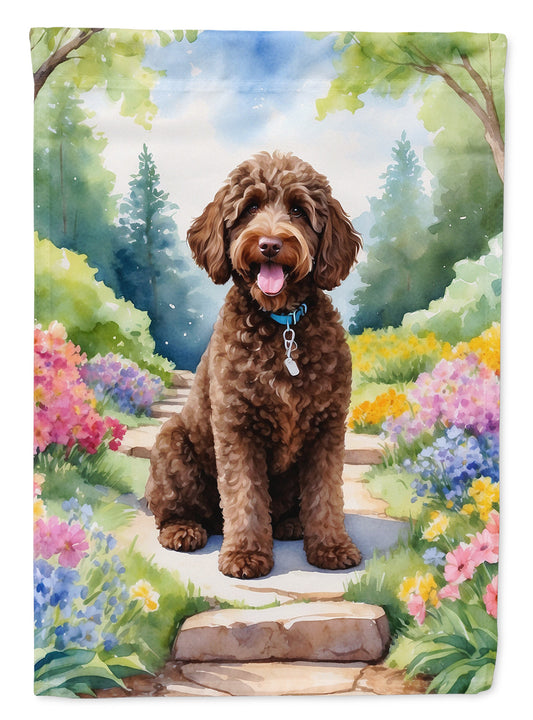 Labradoodle Spring Path Garden Flag  – Dog-Themed Floral Outdoor Decor