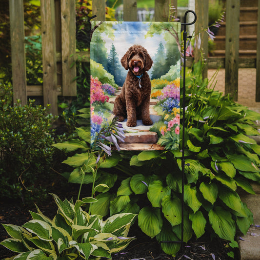 Labradoodle Spring Path Garden Flag  – Dog-Themed Floral Outdoor Decor