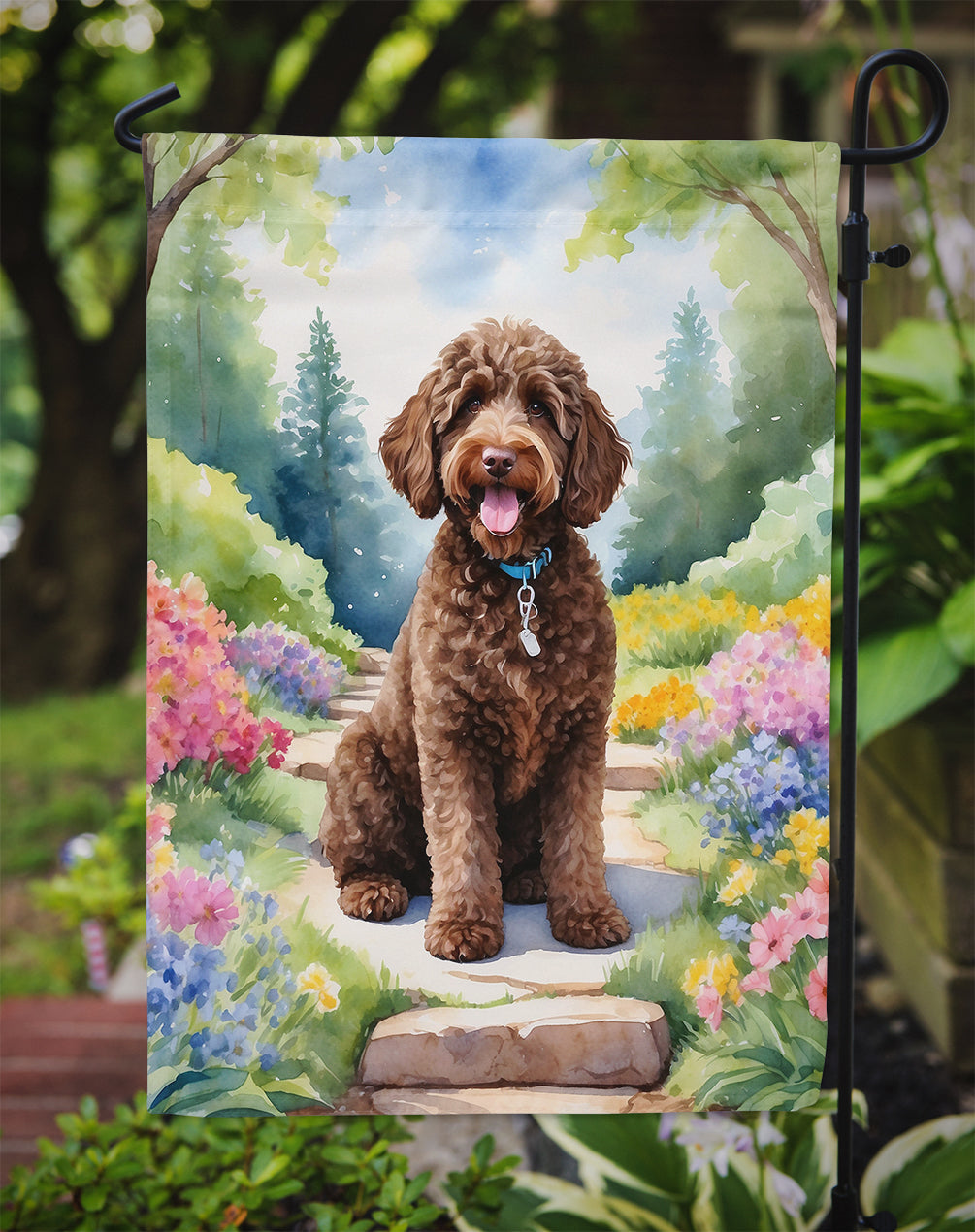 Labradoodle Spring Path Garden Flag  – Dog-Themed Floral Outdoor Decor