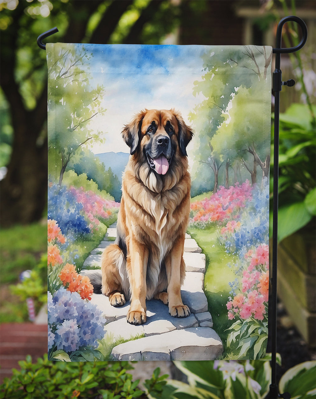 Leonberger Spring Path Garden Flag  – Dog-Themed Floral Outdoor Decor