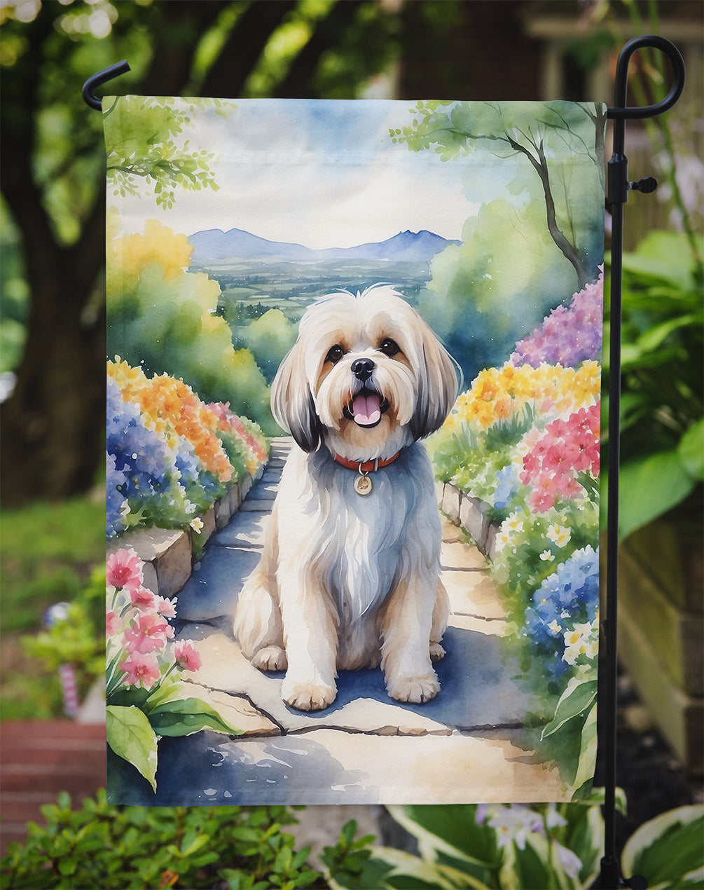 Lhasa Apso Spring Path Garden Flag  – Dog-Themed Floral Outdoor Decor