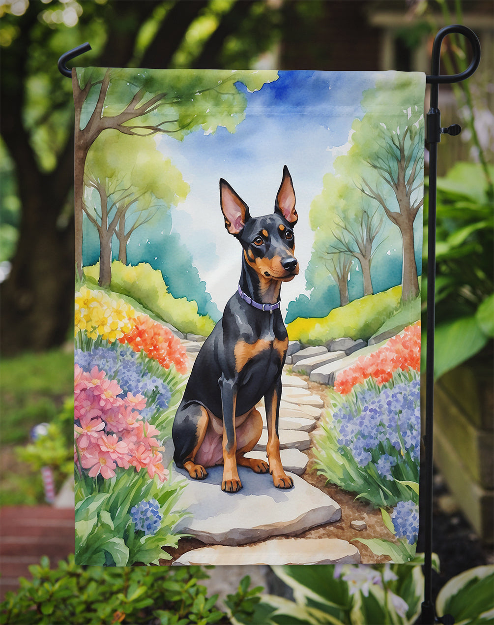 Manchester Terrier Spring Path Garden Flag  – Dog-Themed Floral Outdoor Decor