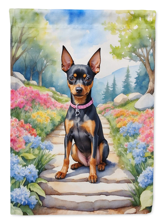 Miniature Pinscher Spring Path Garden Flag  – Dog-Themed Floral Outdoor Decor