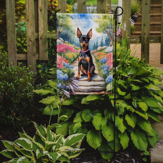 Miniature Pinscher Spring Path Garden Flag  – Dog-Themed Floral Outdoor Decor