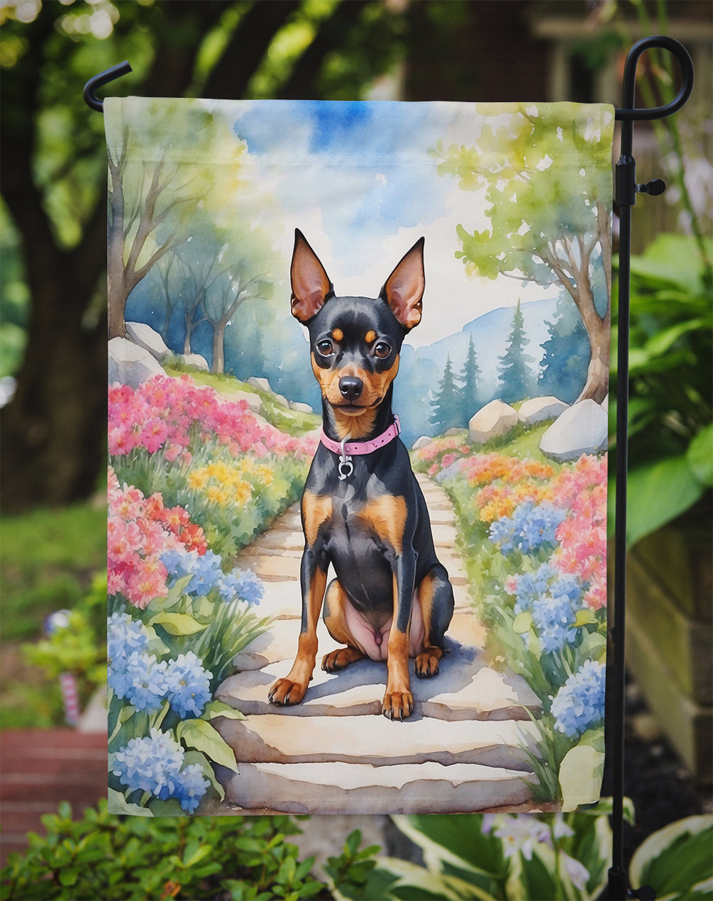 Miniature Pinscher Spring Path Garden Flag  – Dog-Themed Floral Outdoor Decor