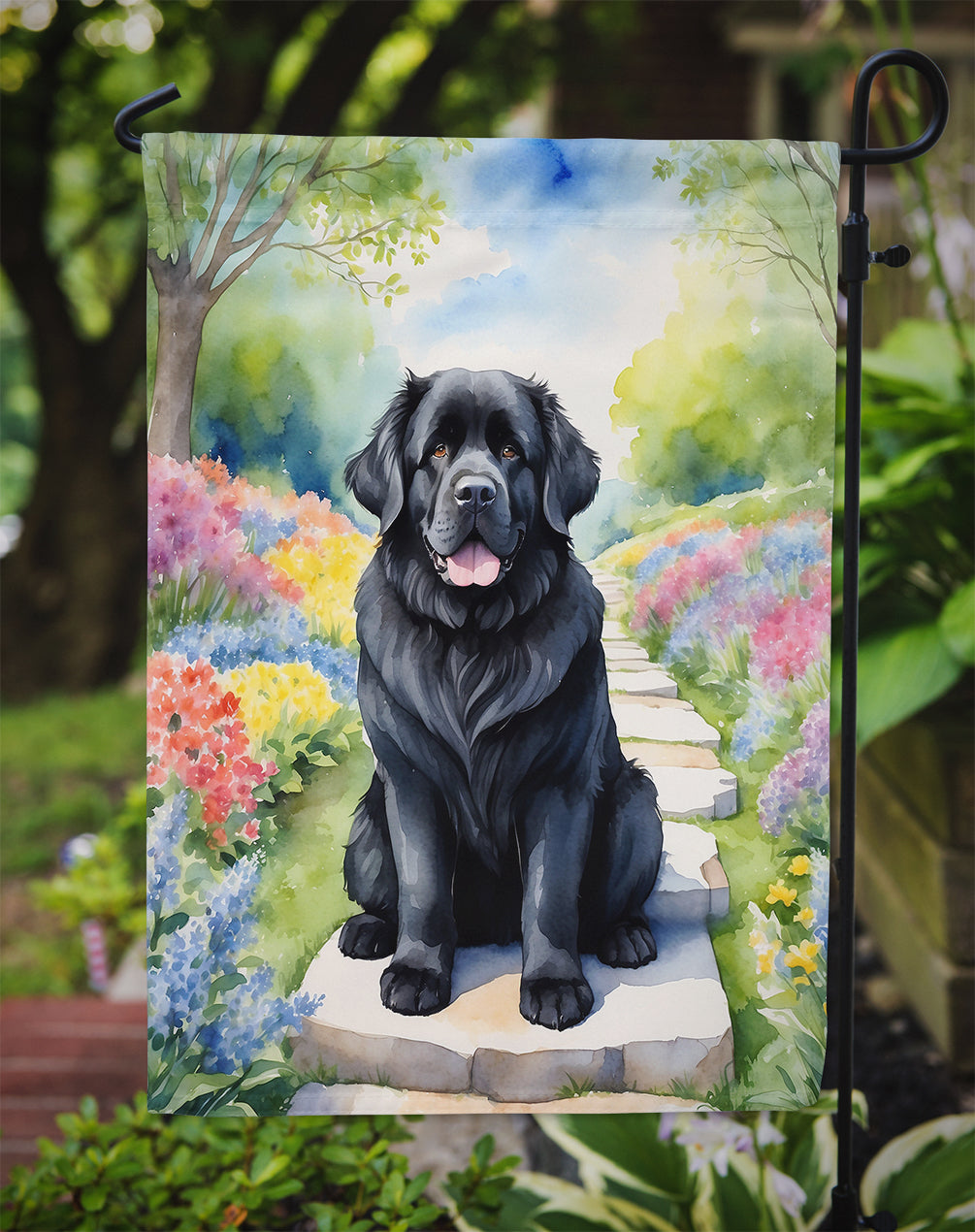 Newfoundland Spring Path Garden Flag  – Dog-Themed Floral Outdoor Decor