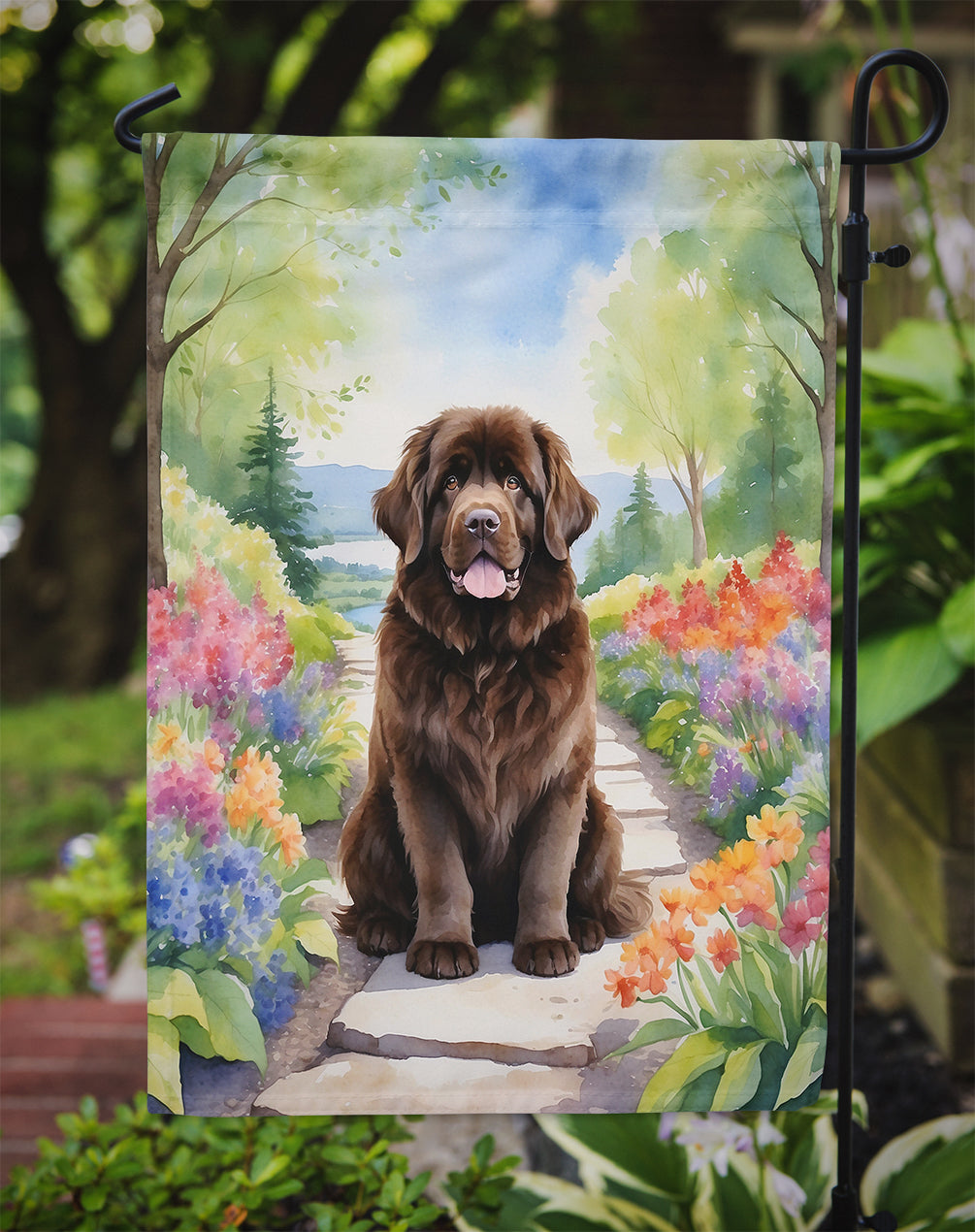 Newfoundland Spring Path Garden Flag  – Dog-Themed Floral Outdoor Decor