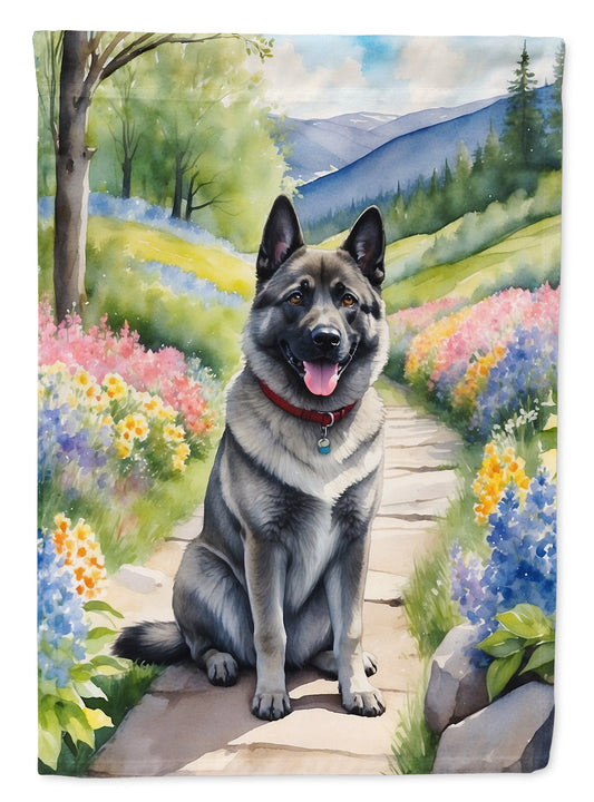 Norwegian Elkhound Spring Path Garden Flag  – Dog-Themed Floral Outdoor Decor