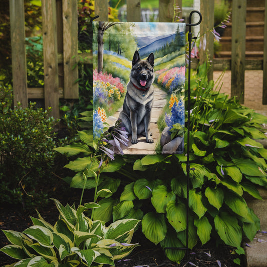Norwegian Elkhound Spring Path Garden Flag  – Dog-Themed Floral Outdoor Decor