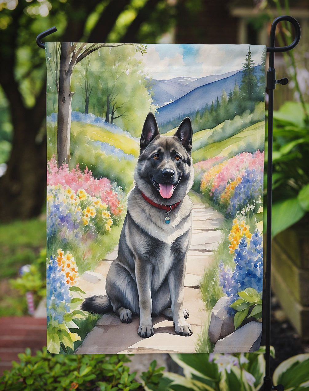 Norwegian Elkhound Spring Path Garden Flag  – Dog-Themed Floral Outdoor Decor