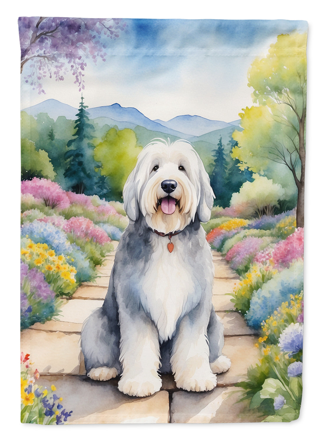 Old English Sheepdog Spring Path Garden Flag  – Dog-Themed Floral Outdoor Decor