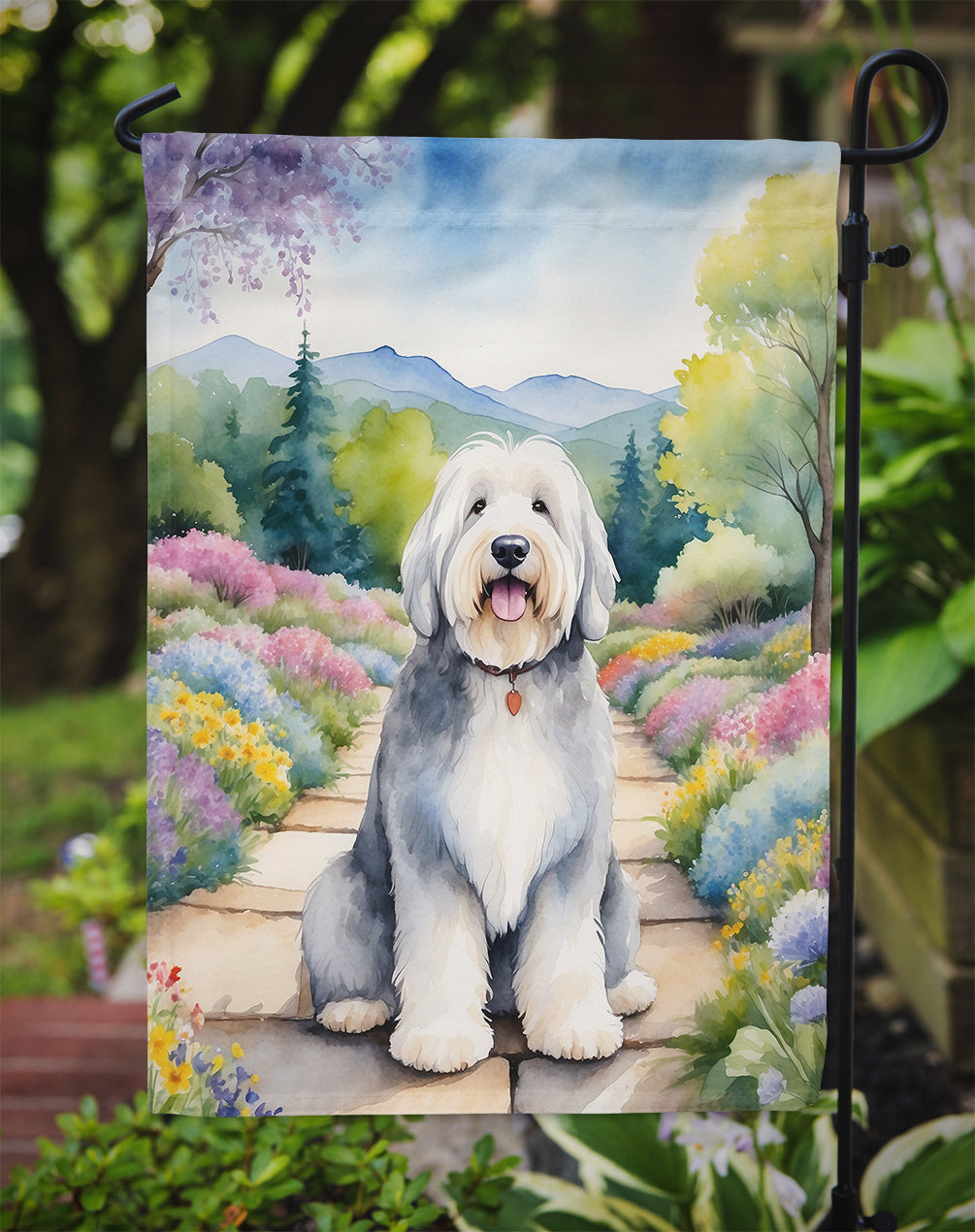 Old English Sheepdog Spring Path Garden Flag  – Dog-Themed Floral Outdoor Decor