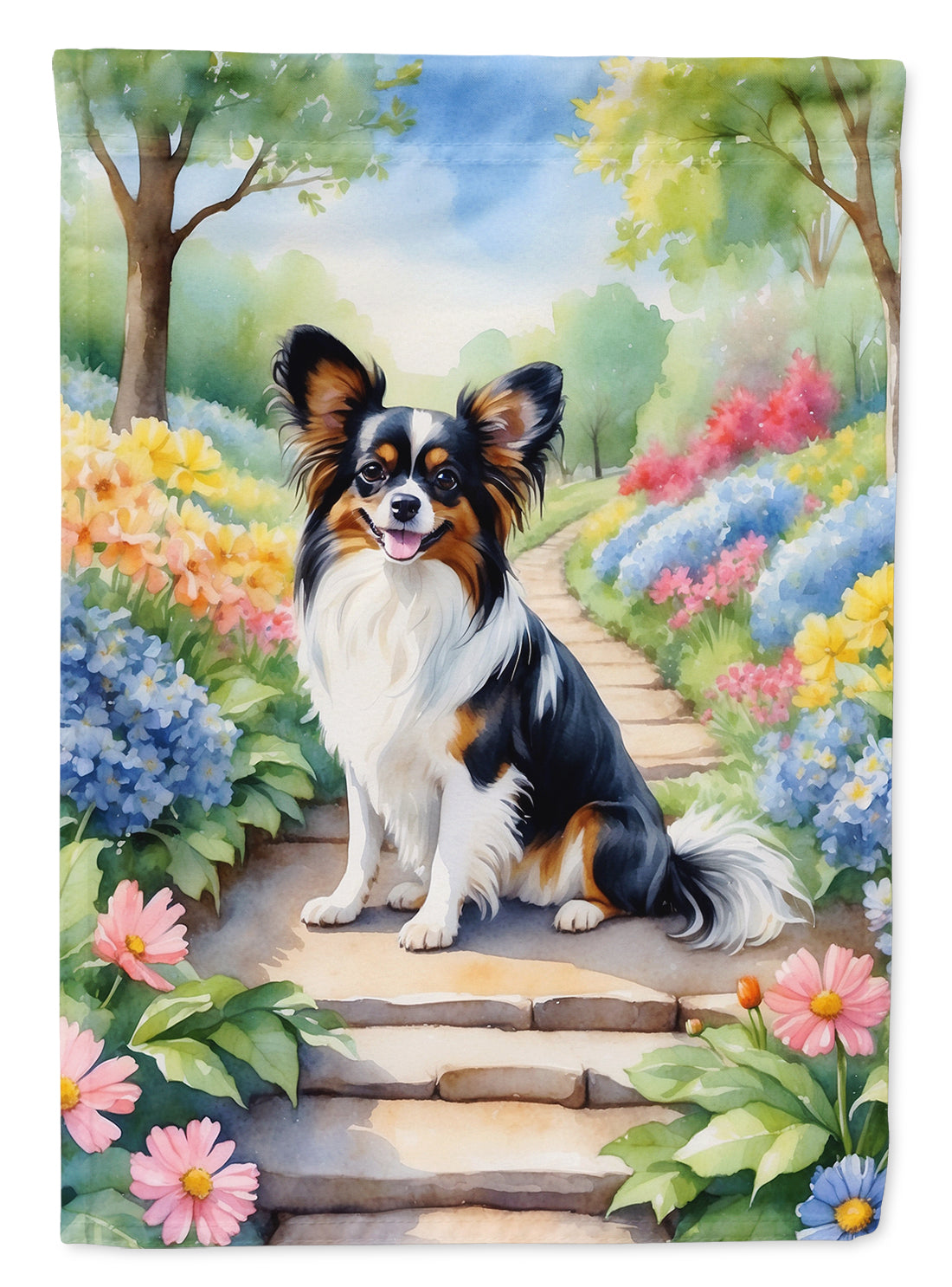 Papillon Spring Path Garden Flag  – Dog-Themed Floral Outdoor Decor