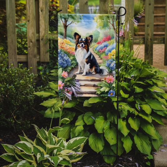 Papillon Spring Path Garden Flag  – Dog-Themed Floral Outdoor Decor