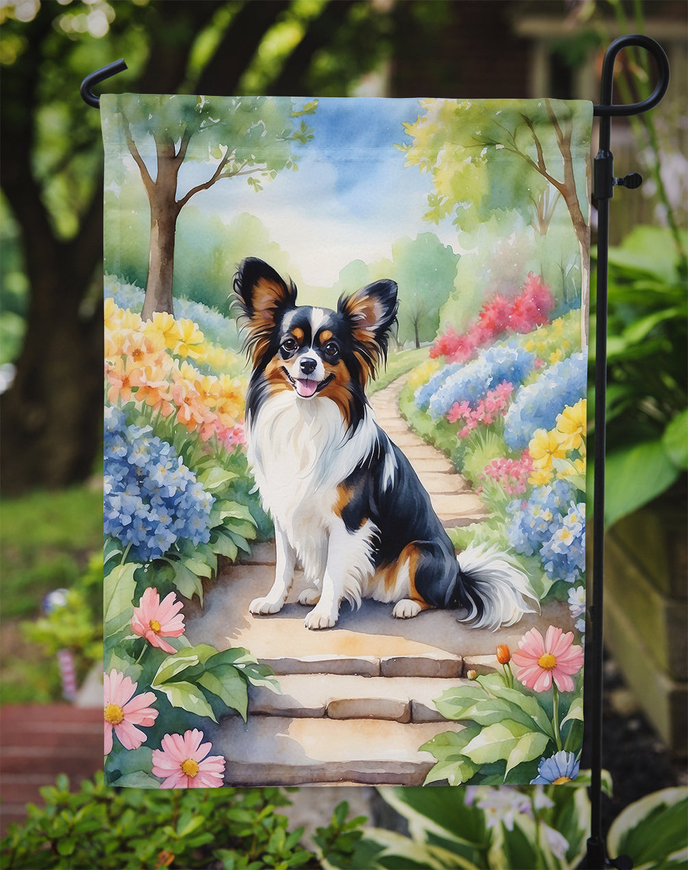Papillon Spring Path Garden Flag  – Dog-Themed Floral Outdoor Decor
