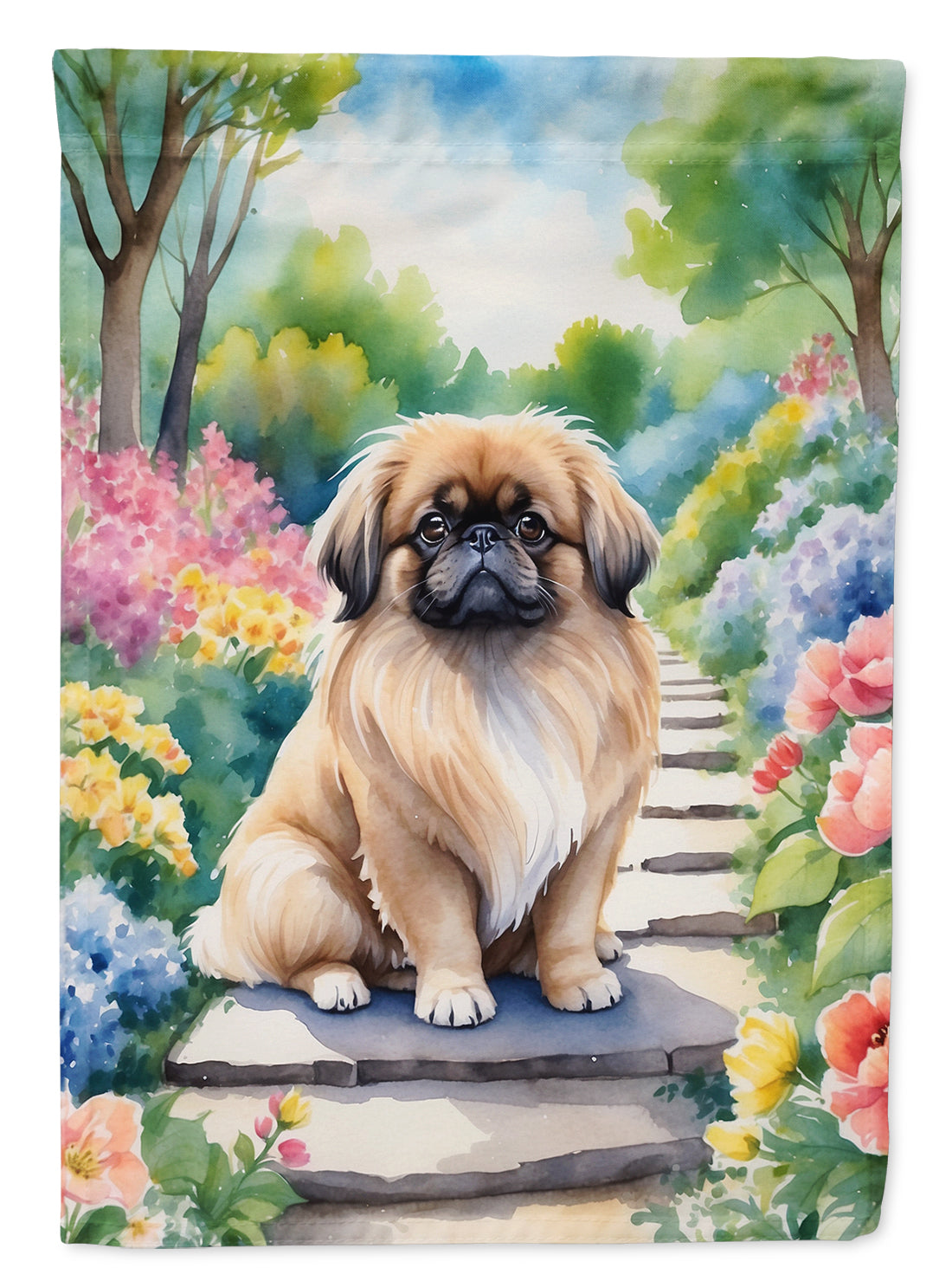 Pekingese Spring Path Garden Flag  – Dog-Themed Floral Outdoor Decor