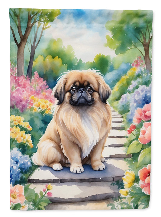 Pekingese Spring Path Garden Flag  – Dog-Themed Floral Outdoor Decor