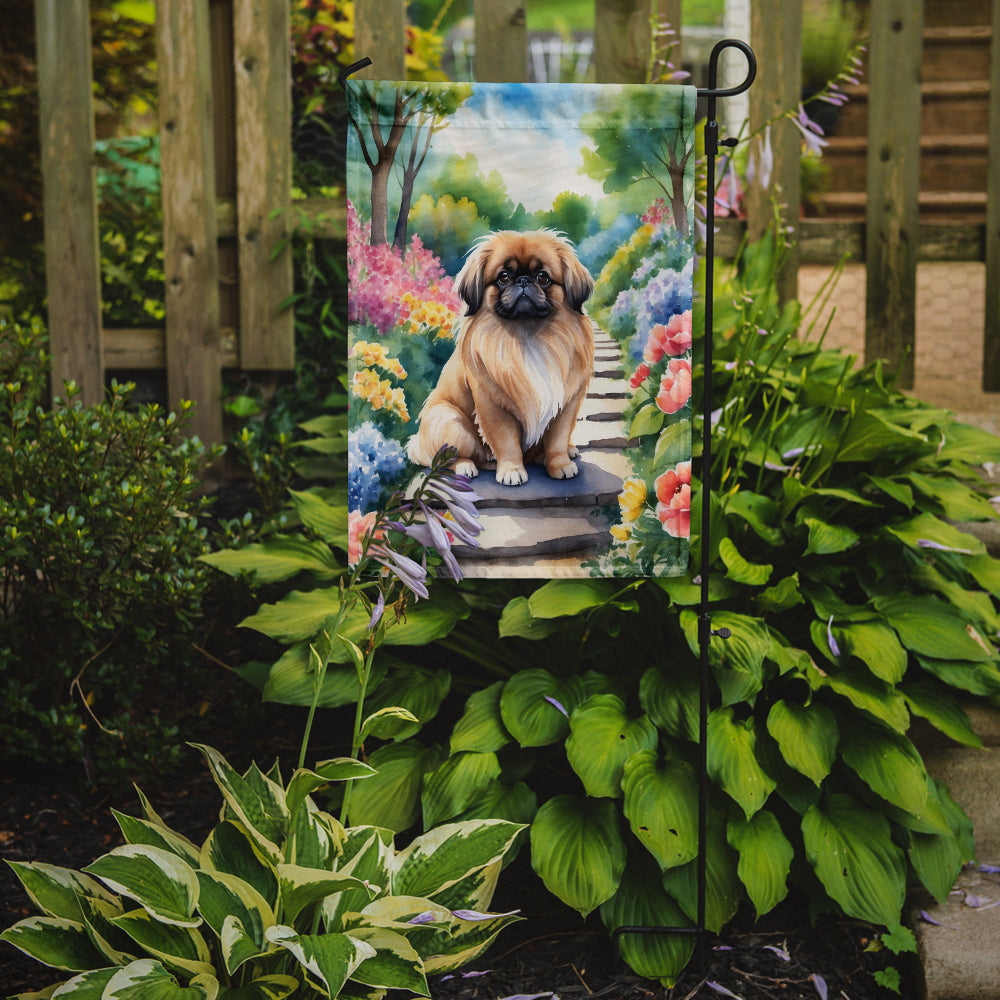 Pekingese Spring Path Garden Flag  – Dog-Themed Floral Outdoor Decor