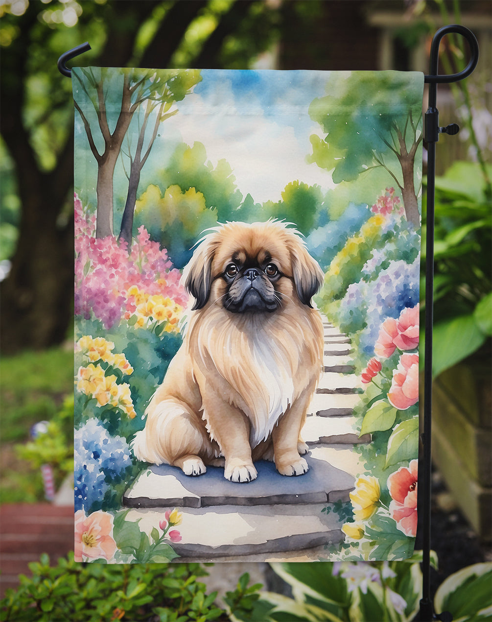 Pekingese Spring Path Garden Flag  – Dog-Themed Floral Outdoor Decor
