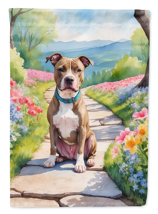 Pit Bull Terrier Spring Path Garden Flag  – Dog-Themed Floral Outdoor Decor