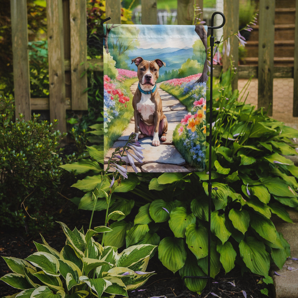 Pit Bull Terrier Spring Path Garden Flag  – Dog-Themed Floral Outdoor Decor