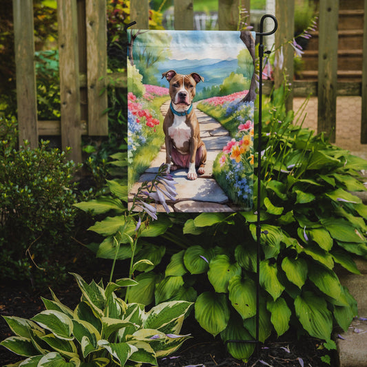 Pit Bull Terrier Spring Path Garden Flag  – Dog-Themed Floral Outdoor Decor