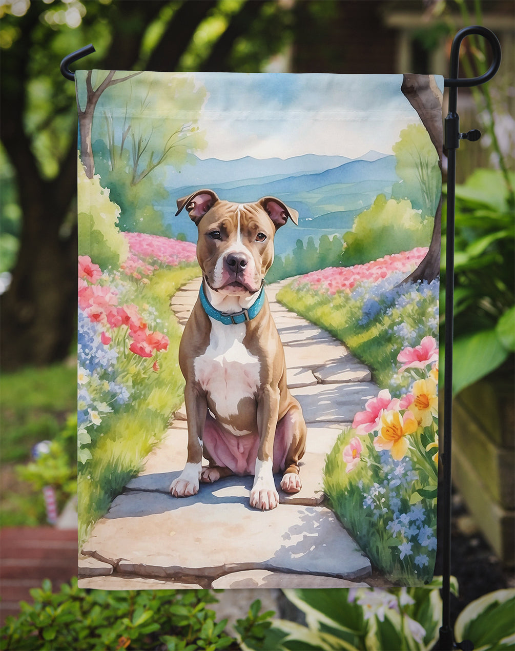 Pit Bull Terrier Spring Path Garden Flag  – Dog-Themed Floral Outdoor Decor