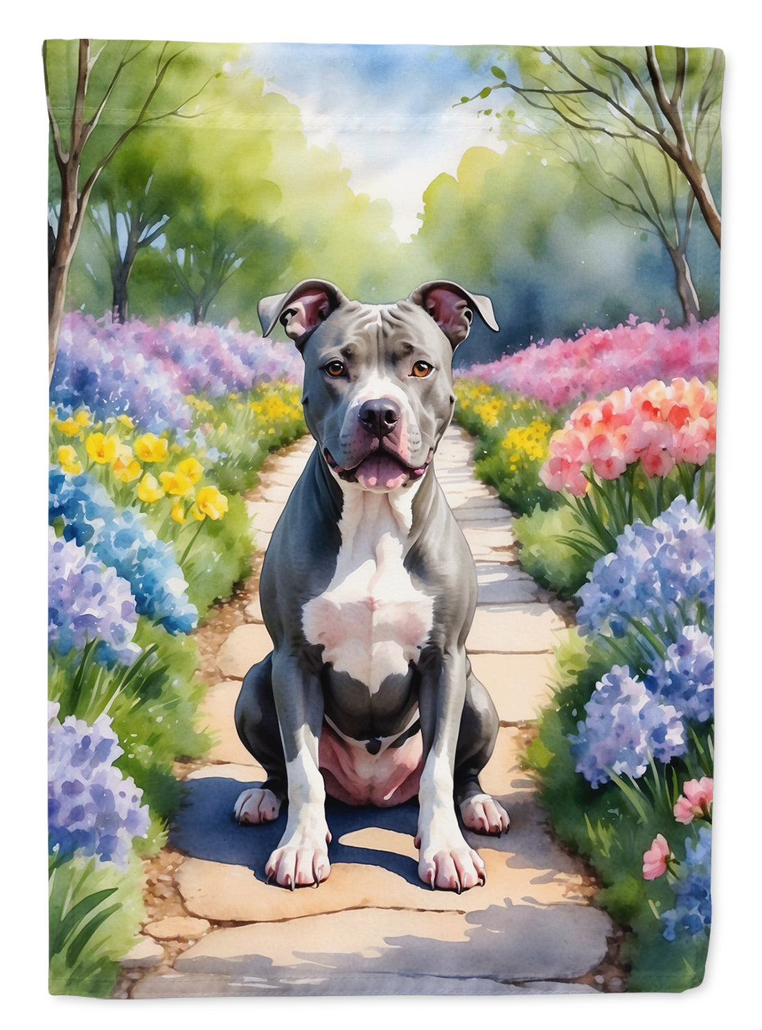 Pit Bull Terrier Spring Path Garden Flag  – Dog-Themed Floral Outdoor Decor