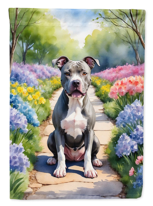 Pit Bull Terrier Spring Path Garden Flag  – Dog-Themed Floral Outdoor Decor